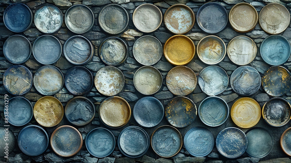 Poster a stack of plates is placed against a wall with an adjacent stack of plates