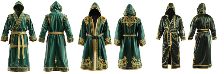 Green and gold detailed boxing robe from multiple angles on a transparent background, png.