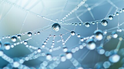 Obraz premium A spider web adorned with dew droplets in the early morning light.