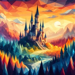 Fairy tail castle scene, low-poly art style