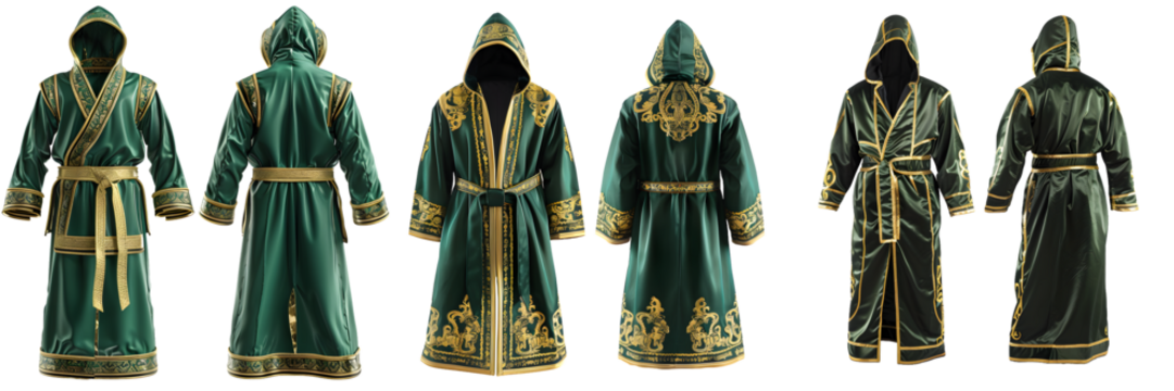 Green and gold detailed boxing robe from multiple angles on a transparent background, png.