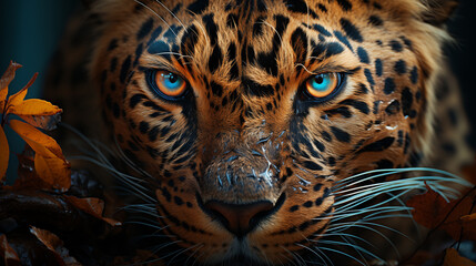 Stunning close-up captures the lleopard's mesmerizing eyes and distinctive markings, portraying its wild allure. Lleopard, master of camouflage, prowls its territory with skill and precision.