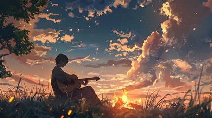 Silhouetted Musician Plays Guitar at Breathtaking Sunset in Serene Meadow