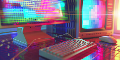 Pixelated Paradise: A technicolor desktop, with a retro computer and an old-school monitor.