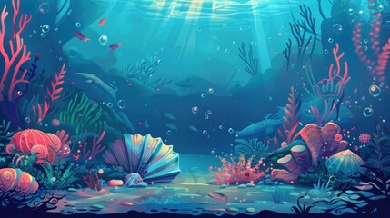 Fototapeta na wymiar Underwater scene featuring various fish and seaweed on the ocean floor.