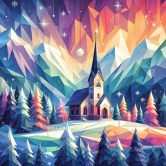 Christmas landscape with a church in winter, low-poly art style