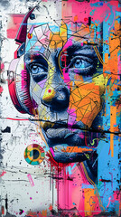 Abstract urban graffiti wall art, colorful brush strokes background, in the style of collage-like...