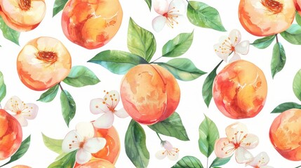 Seamless pattern of watercolor peaches with flowers and leaves on a white background.

