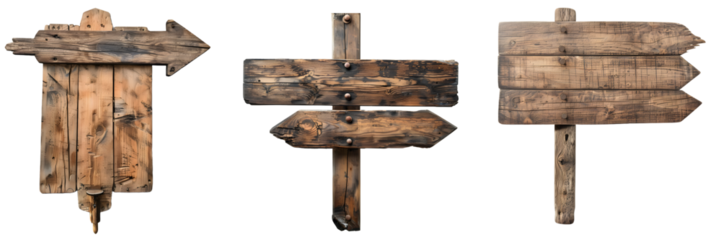 Rustic wooden sign board and directional arrow on a transparent background, png.