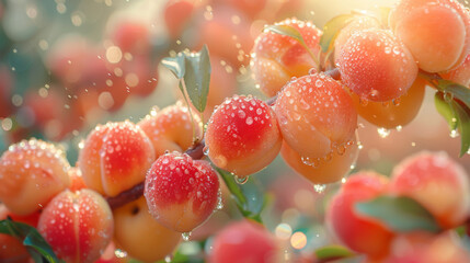 ripe peach on a tree branch, dew. THE HEYDAY