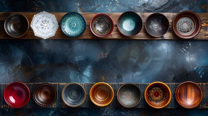 Delicate lacework is displayed in wooden bowls against a backdrop of antique furniture, each piece showcasing intricate craftsmanship, and they are all arranged in a circle on a flat background.,