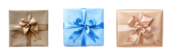 Elegant gift boxes with satin ribbons in neutral and blue colors on a transparent background, png.