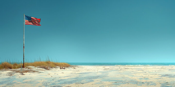 American flag waving on a beach with sand dunes and clear blue sky, symbolizing patriotism and summer vacation themes.