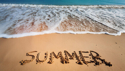 Fototapeta premium Summer word written on sand with blue sea wave on background summer holidays and beach vacation concept