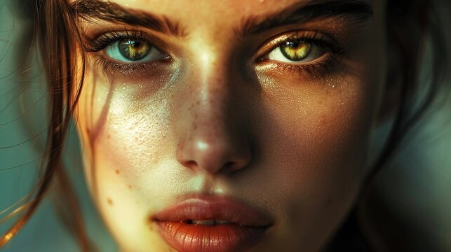 close up shot of beautiful young woman with green eyes and symmetrical face, solarisation concept photography