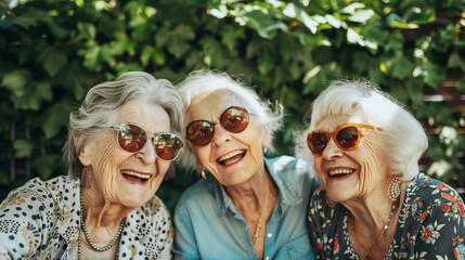 Photo of three older women smiling and enjoying time together. They wear sunglasses and smart clothes. The scene radiates joy, friendship and positivity.