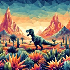 A dinosaur in a prehistoric landscape, low-poly art style