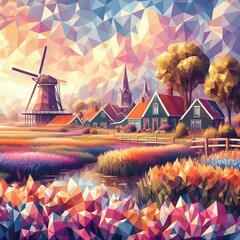 Dutch landscape with a windmill, low-poly art style
