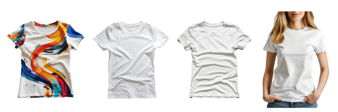 Women t-shirt with different designs and style on a transparent background, png.