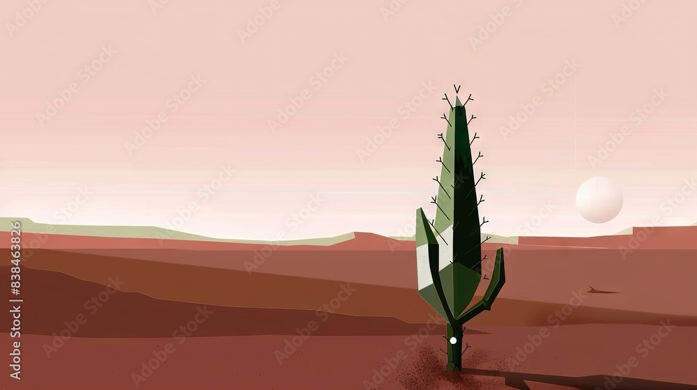 Poster a picture of a desert landscape featuring a cactus in close range and a soft pink sky in the backgro