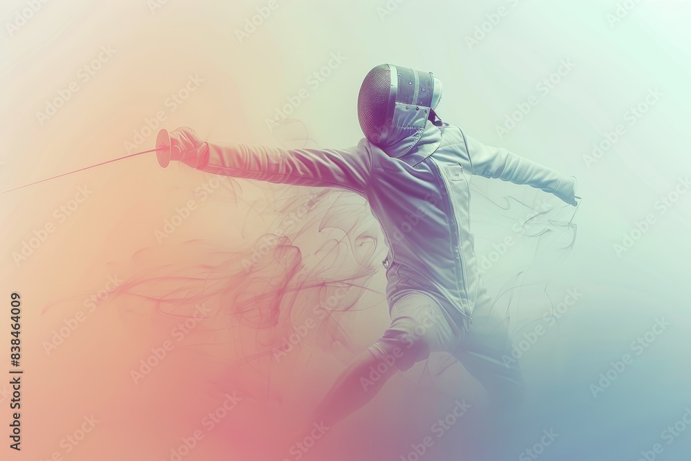 Poster dynamic fencing action shot with vibrant gradient background for sports concept and design