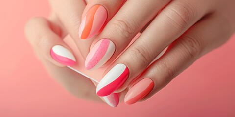 Minimalistic composition: Woman's hand with fashionable manicure holding business card. Summer spring nail design.