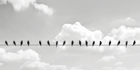 Minimalistic composition: Birds on wire. Flock of Tits sits on electrical wires against sky. Black and white photo
