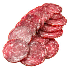 A close-up shot of thinly sliced salami arranged in a decorative pattern.  The red and grey meat is a delicious and versatile ingredient, transparent background png
