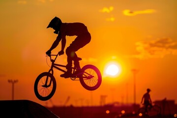 BMX Cyclist Performing Trick at Sunset – Dramatic Silhouette against Stunning Sky – Perfect for Sports Posters and Inspirational Designs