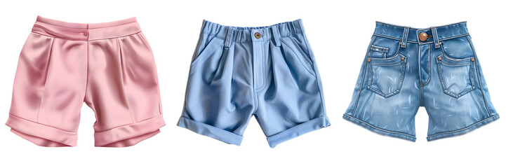 Collection of stylish blue denim short for women on a transparent background, png.