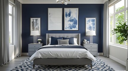 Modern bedroom interior with blue and white color scheme, elegant furniture, and large windows filling the room with natural light.