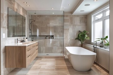 Modern minimalist bathroom with freestanding bathtub, glass shower, wooden vanity, and large window, creating a bright and elegant space.