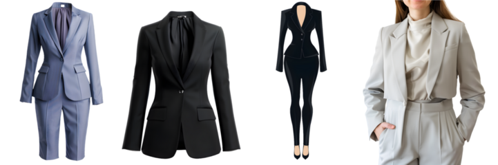 Elegant women business suit in various styles and colors on a transparent background, png.