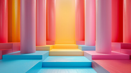 A colorful room with pink, yellow, and blue pillars