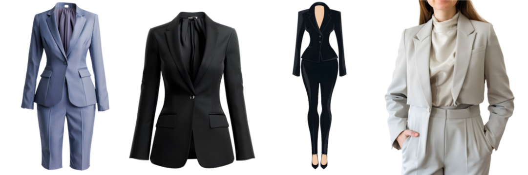Elegant women business suit in various styles and colors on a transparent background, png.