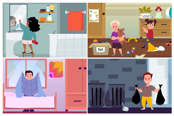 Set of children cleaning flat style, vector illustration