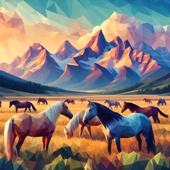 Wild horses in a mountain landscape, low-poly art style