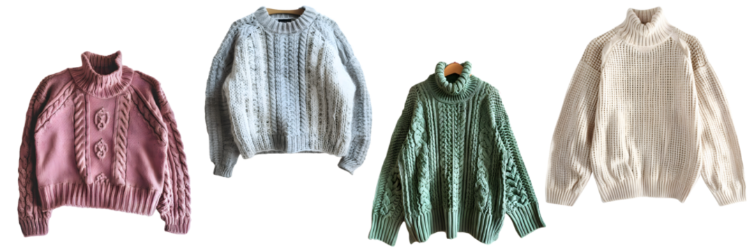 Set of colorful cozy knitted sweater for winter season on a transparent background, png. - Powered by Adobe
