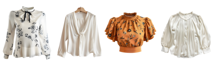 Collection of elegant women blouse in various color and style on a transparent background, png.