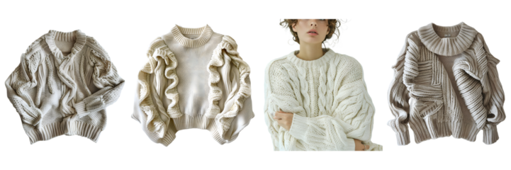 Collection of stylish women sweater in neutral colors on a transparent background, png.