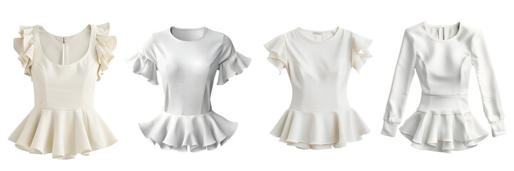Elegant and stylish women peplum top with ruffled detail on a transparent background, png.