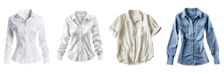 Collection of women button-down shirt in various style and color on a transparent background, png.