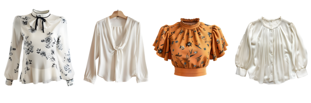 Collection of elegant women blouse in various color and style on a transparent background, png.