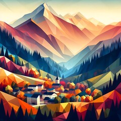 Mountain landscape with a town in autumn, low-poly art style