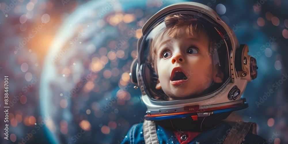 Poster astounded child in space helmet with planet backdrop showcasing futuristic technology. concept space