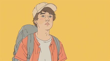 Fototapeta premium A cartoon drawing of a man with backpack and hat on, AI
