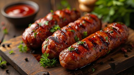 Sausages on the barbecue spit on wooden background. Roast sausage on a dark wooden table. Close up.