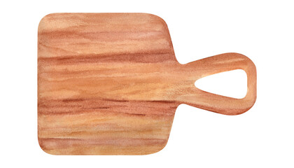 Wooden cutting board with smooth edges for cutting food. Handle with hook hole. Eco friendly crafted food utensil. Chopping board with wood light brown texture. Top view. Watercolor illustration
