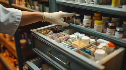 Fototapeta premium Farmacéutico organizando medicamentos en estantes
