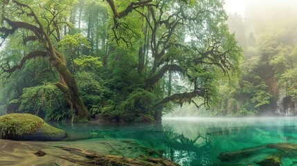 Fototapeta premium A lush forest surrounds a serene body of water, its surface glistening under the sun's rays as it reflects the verdant greenery that flourishes all around
